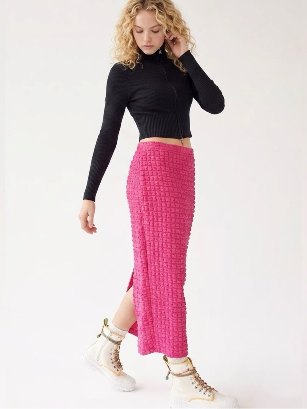 Urban Outfitters UO Textured Crinkle Midi Skirt Hot Pink Front Slit Womens S